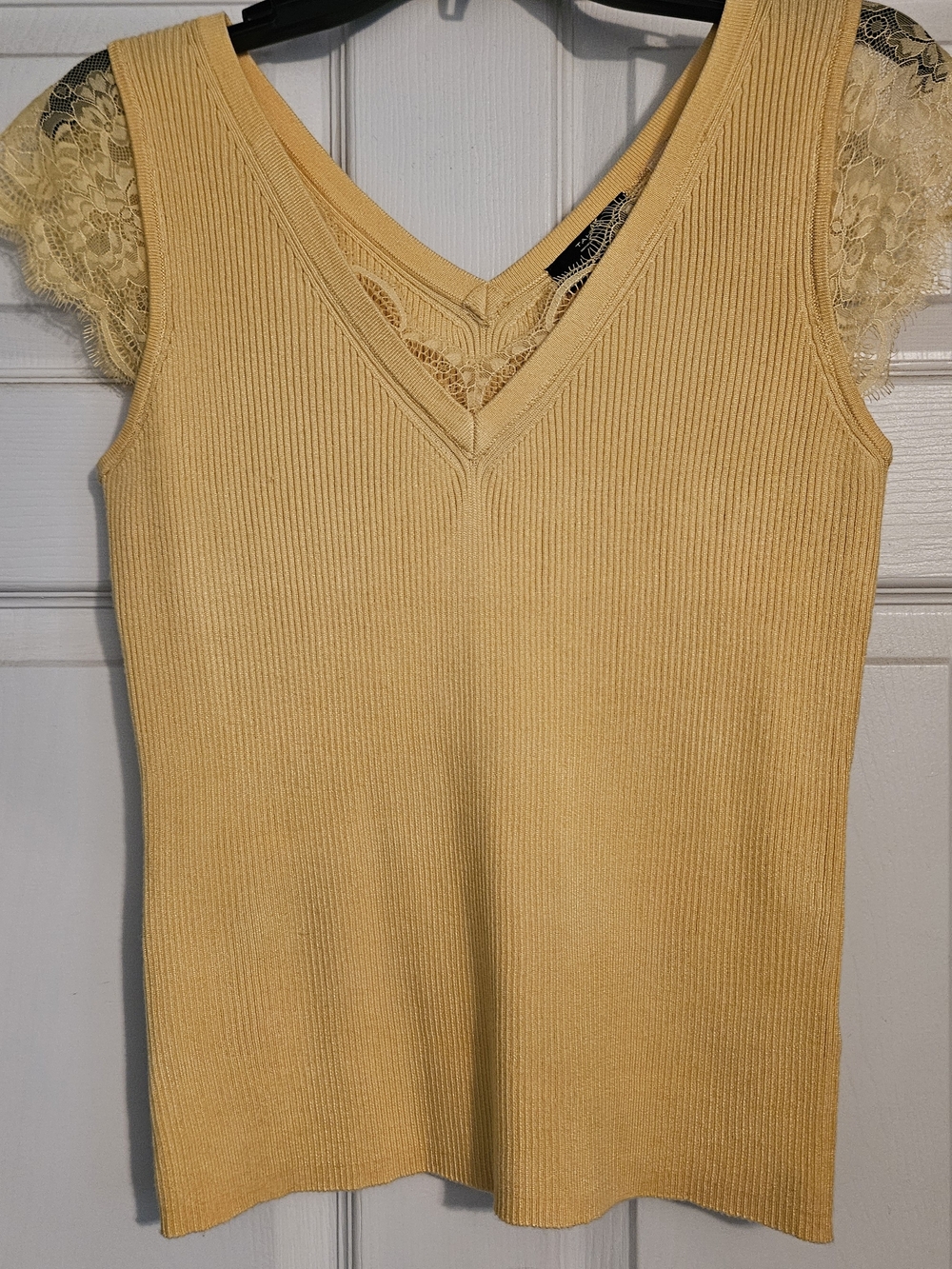 Tahari Yellow Ribbed V-Neck Tank with Lace Shoulders